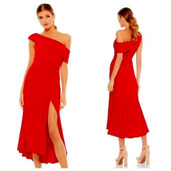 NWT IEENA MAC DUGGAL Ruched Off The Shoulder Midi Formal Dress Red 12 MSRP $300